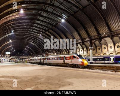 London North Eastern railway Hitachi AT300 class 801 bi mode train at York railway station on the east coast mainline Stock Photo