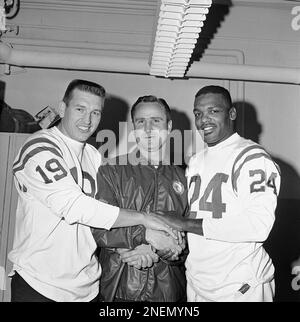 Congratulations were in order among three of the Baltimore Colts in  Baltimore on Dec. 11, 1964. Quarterback John Unitas (left) was voted most  valuable player in the National Football League, Don Shula (