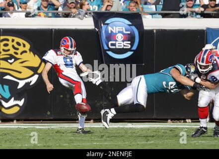 Buffalo Bills' Brian Moorman kicks during the first quarter of the NFL  football game between the Buffalo Bills and the New York Jets at New  Meadowlands Stadium, Sunday, Jan. 2, 2011, in