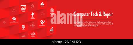 Information technology Web Header Banner with Wrench, Computer Repairman and computer icons, etc. Stock Vector