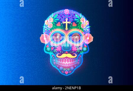 Mexican Sugar Skull - Calavera as a Joyful Tribute to Mexican Culture - Bright Sugar Skull Adorned with an Array of Colorful Flowers and Intricate Pat Stock Photo