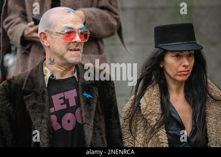 London, UK, 16th Feb 2023. Mourners, friends and family attend the memorial service for attend memorial service for the late British fashion designer Vivienne Westwood who championed punk and new wave in the UK and worked with some of the biggest designers, celebrities and supermodels. Stock Photo