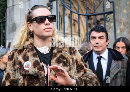 London, UK, 16th Feb 2023. Mourners, friends and family attend the memorial service for attend memorial service for the late British fashion designer Vivienne Westwood who championed punk and new wave in the UK and worked with some of the biggest designers, celebrities and supermodels. Stock Photo