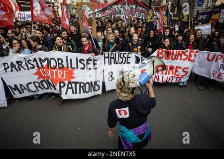 Paris, France. 16th Feb, 2023. People participate in a protest against a pension reform in Paris, France, on Feb. 16, 2023. Credit: Aurelien Morissard/Xinhua/Alamy Live News Stock Photo