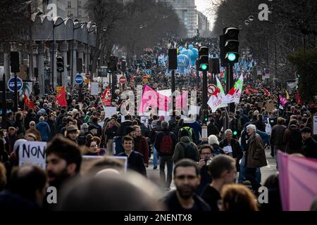 Paris, France. 16th Feb, 2023. People participate in a protest against a pension reform in Paris, France, on Feb. 16, 2023. Credit: Aurelien Morissard/Xinhua/Alamy Live News Stock Photo