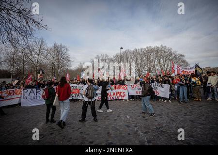 Paris, France. 16th Feb, 2023. People participate in a protest against a pension reform in Paris, France, on Feb. 16, 2023. Credit: Aurelien Morissard/Xinhua/Alamy Live News Stock Photo