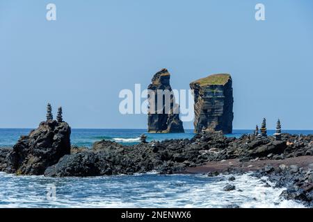 Mosteiros beach on the island of Sao Miguel in the Azores. Rock formation in coastline landscape on sunny day. Stock Photo