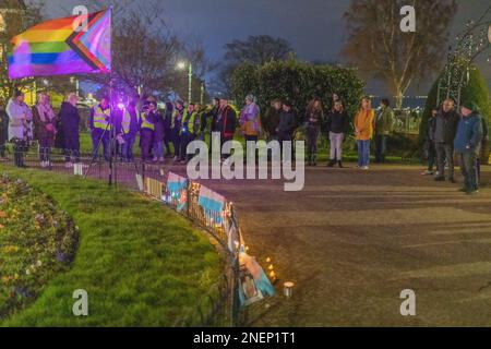 Southend on Sea, UK. 16th Feb, 2023. Residents come together for a vigil for Brianna Ghey who was brutally murdered in Warrington Park, Cheshire on Saturday 11th February. The vigil takes place in Prittlewell Gardens. Penelope Barritt/Alamy Live news Stock Photo