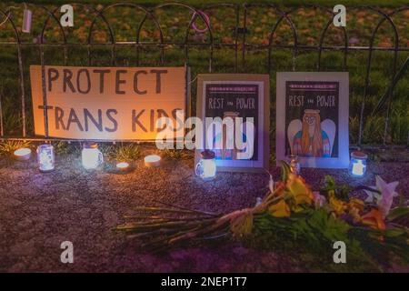 Southend on Sea, UK. 16th Feb, 2023. Residents come together for a vigil for Brianna Ghey who was brutally murdered in Warrington Park, Cheshire on Saturday 11th February. The vigil takes place in Prittlewell Gardens. Penelope Barritt/Alamy Live news Stock Photo