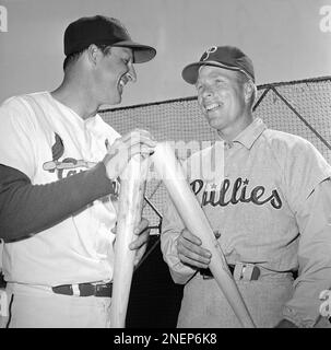 1956 at Sportsman's Park: Former teammates, Stan Musial and Red  Schoendienst shake hands p…