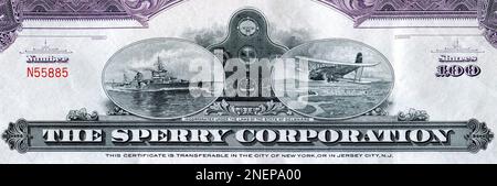 A detail from a 1950s Sperry Corporation shares certificate. The design incorporates an aircraft instrument panel, a warship and a passenger biplane. The Sperry Corporation was an American equipment and electronics company which specialised in the development and manufacture of aviation instruments. Stock Photo