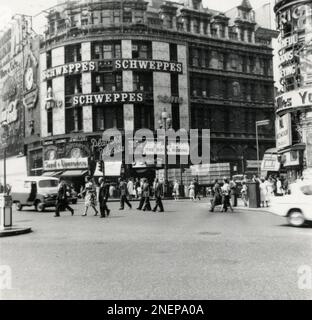 London, England. Circa.1960. A busy street scene depicting Piccadilly Circus in London’s West End. The building on the corner of Shaftesbury Avenue is decorated with an advertisement for Schweppes Tonic Water. Situated on the ground floor are the jewellers Saqui & Lawrence and the Eros/Classic Cartoon Cinema. The latter is showing the film “The Royal Wedding”. Other visible advertisements promote Guinness, Coca-Cola, Player’s cigarettes, Longines and Rotary watches. Stock Photo
