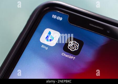 Vancouver, CANADA - Feb 15 2023 : Microsoft Bing and ChatGPT icons seen in an iPhone screen. Stock Photo
