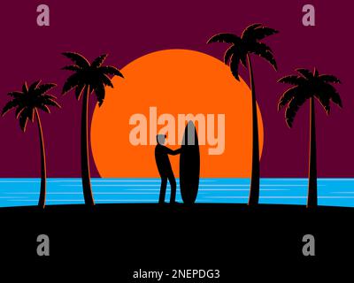 Landscape with a surfer on the coast of the sea. Silhouette of a surfer with a surfboard on a sunset background. Tropical design for posters, banners Stock Vector