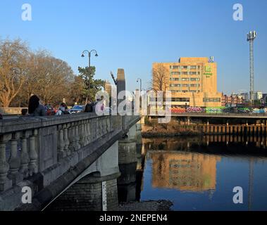 Holiday Inn hotel, Cardiff city centre, by Canton Bridge over the river Taff. . February 2023. Winter. Stock Photo