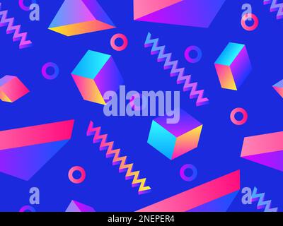 Geometric seamless pattern with 3D figures in the Memphis style of the 80s. Isometric 3D geometric shapes with gradient colors. Design for printing on Stock Vector
