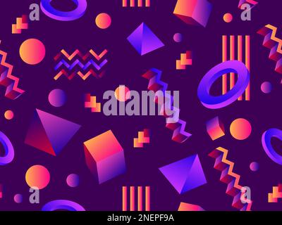 Geometric seamless pattern with 3D figures in the Memphis style of the 80s. Isometric 3D geometric shapes with gradient colors. Design for printing on Stock Vector