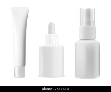 Moisturizer product bottle set. Cosmetic container with spray dispenser, hairspray aerosol. Cream tube illustration, makeup collection. Face care seru Stock Vector