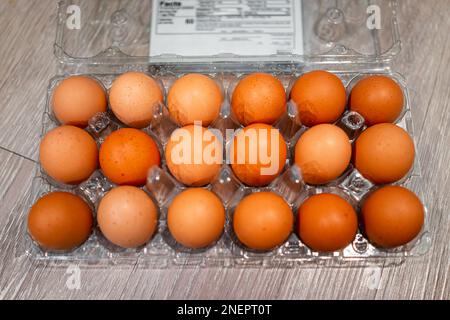 Eighteen 18 bulk eggs organic whole pastured raw uncooked chicken product in plastic container with nutrition facts on packaging Stock Photo