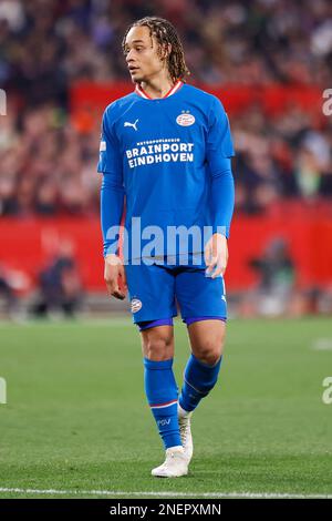 Seville, Spain. 16th Feb, 2023. Xavi Simons (7) of PSV Eindhoven seen during the UEFA Europa League match between Sevilla FC and PSV Eindhoven at Estadio Ramon Sanchez Pizjuan in Seville. (Photo Credit: Gonzales Photo/Alamy Live News Stock Photo