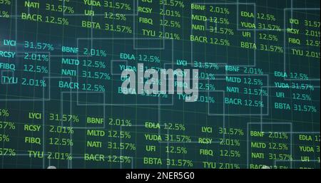 Image of statistics and data processing on blue background Stock Photo