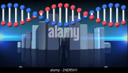 Image of revolving dna strand and light over modern cityscape Stock Photo