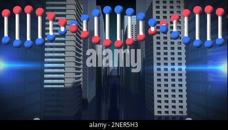 Image of revolving dna strand and light over modern cityscape Stock Photo