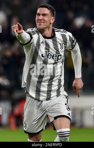 Torino, Italy. 16th Feb, 2023. Dusan Vlahovic of Juventus FC celebrates after scoring the goal of 1-0 during the Europa League football match between Juventus FC and FC Nantes at Juventus stadium in Torino (Italy), February 16th, 2023. Photo Giuliano Marchisciano/Insidefoto Credit: Insidefoto di andrea staccioli/Alamy Live News Stock Photo