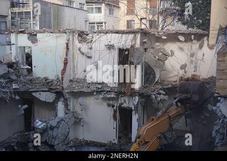 excavator work in demolished building, demolition, debris Stock Photo