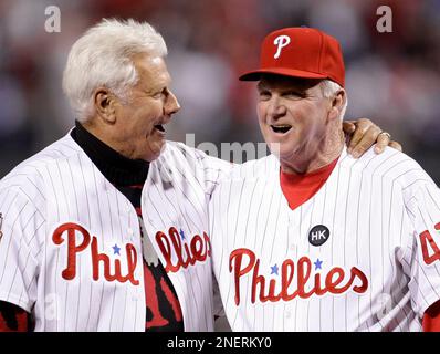 Phillies manager Dallas Green, left, rushes forward to congratulate relief  pitcher Tug McGraw just after the last out of Game 1 of the National League  playoffs against the Houston Astros at Philadelphia