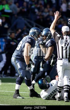 Seattle Seahawks' linebacker Julian Peterson (C) talks with defensive  tackles Ellis Wyms (L) and Craig Terrill (R) during a timeout in the fourth  quarter at Qwest Field in Seattle on November 12