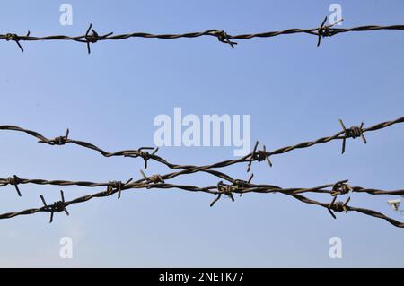 Rusty barbed wire, blue sky background Stock Photo