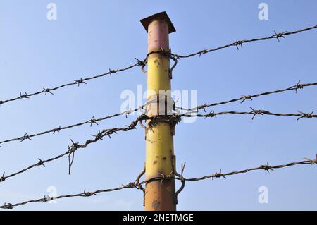 Rusty barbed wire, blue sky background Stock Photo