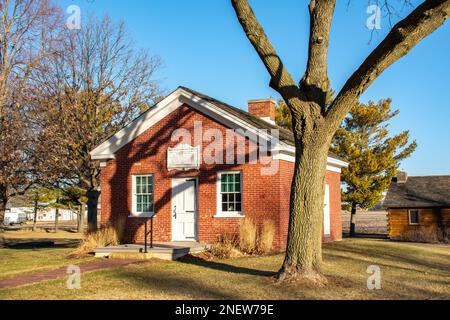 Old anandoned red brick one room schoolhouse in Bureau county, Illinois. Stock Photo