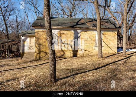 Old abandoned one room limestone built schoolhouse in Adeline, Illinois. Stock Photo