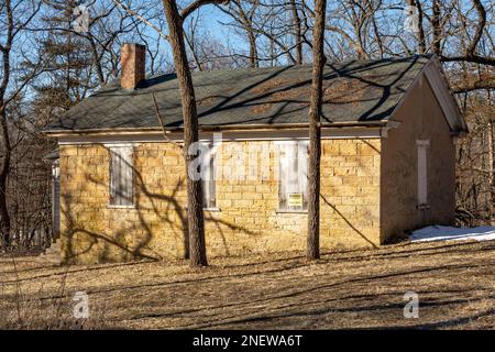 Old abandoned one room limestone built schoolhouse in Adeline, Illinois. Stock Photo