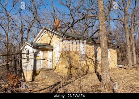 Old abandoned one room limestone built schoolhouse in Adeline, Illinois. Stock Photo