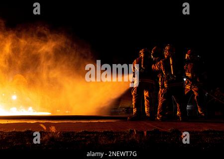 San Diego, California, USA. 3rd Feb, 2023. U.S. Marines with Aircraft Rescue and Firefighting, Headquarters and Headquarters Squadron, Marine Corps Air Station Miramar, practice responding to an aircraft fuel fire during an exercise on MCAS Miramar, February. 3, 2023. ARFF Marines conduct these exercises to maintain a state of readiness in case of emergency. Credit: U.S. Marines/ZUMA Press Wire Service/ZUMAPRESS.com/Alamy Live News Stock Photo