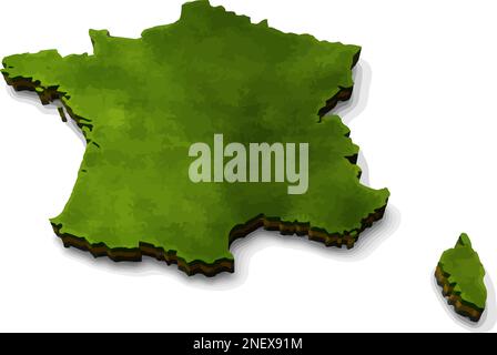 An illustration of a 3D map of France, composed of green fields and brown fields. Stock Vector