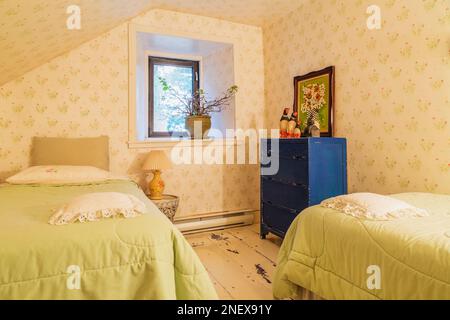 Two single beds with lime green bedspreads and antique wooden blue dresser in guest bedroom with white painted pinewood floorboards inside old home. Stock Photo