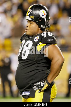 Washington Redskins Derrick Blaylock (48) is slowed by Pittsburgh Steelers  Casey Hampton (98) and Clark Haggans (53) during their preseason football  game played at FedEx Field in Landover, MD, Saturday, August 18