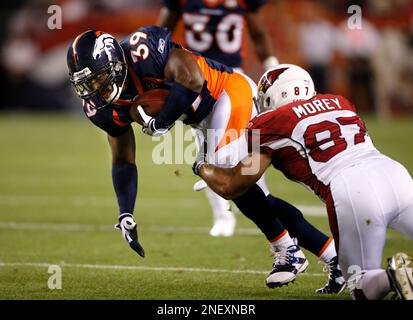 Denver Broncos safety Vernon Fox celebrates a tackle against the Oakland  Raiders during an NFL football game in Denver, Sunday, Nov. 23, 2008. The  Raiders beat the Broncos 31-10. (AP Photo/Jack Dempsey