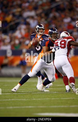 Denver Broncos offensive tackle Garett Bolles prior to an NFL football game  against the New York Jets Sunday, Sept. 26, 2021, in Denver. (AP Photo/Jack  Dempsey Stock Photo - Alamy