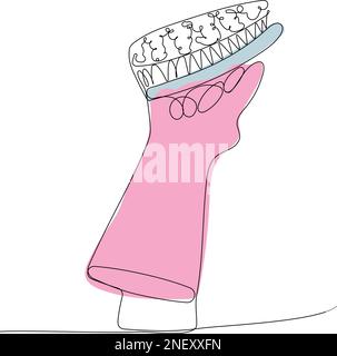 Continuous one line drawing of hand doing chores with disinfectant spray and microfiber cloth at home concept of disinfection. Easy to place your text and brand logo. Vector illustration Stock Vector
