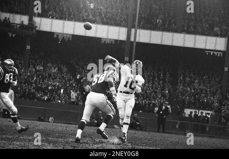 Fran Tarkenton, New York Giants quarterback, shows why he is known for his  scrambling finesse as he evades Cardinals in first quarter of game and  prepares to throw a pass in New