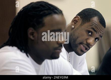 LeBron James, center, talks about his time at St. Vincent-St. Mary High  School on Tuesday, August 9, 2011 in Akron, Ohio. James and former  teammates: Dru Joyce III, from left, Willie McGee