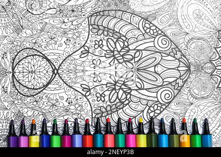 Felt Tip Pen on Antistress Coloring Page, Top View Stock Image