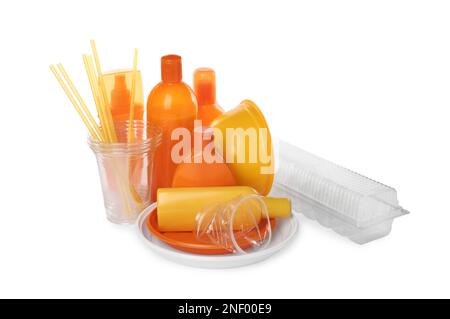 Pile of different plastic items on white background Stock Photo