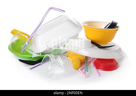 Pile of different plastic items on white background Stock Photo