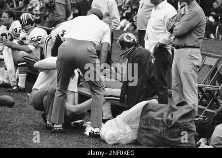 Washington Redskins' quarterback Sonny Jorgensen stands along sideline,  Oct. 29, 1972 after he was knocked out of game against the New York Giants  by a serious injury. Jorgensen, although not apparently hit